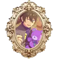 a picture of a boy holding a purple teddy bear in a gold frame