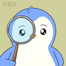 a penguin is looking through a magnifying glass with pengu written in the corner