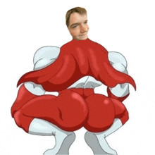 a man in a superhero costume with a red cape is squatting down .