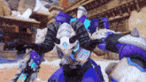 a purple and white robot with horns and the letter g on it