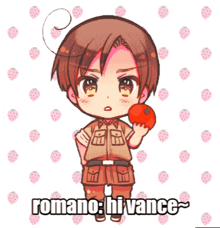 a picture of a boy holding a tomato with the words romano hi vance