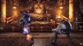 a video game is being played in front of a statue of a man