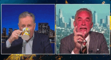 a man in a suit is drinking a cup of coffee while another man has a red face ..