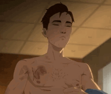 a man without a shirt is standing in a room with his eyes closed and holding his chest .