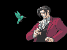 a pixel art drawing of a man in a red suit with a hummingbird flying next to him