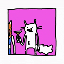 a cartoon drawing of a cat holding a wine glass