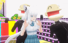 a girl with white hair is standing in front of a group of cartoon characters