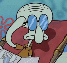 squidward from spongebob wearing sunglasses is laying on a beach chair