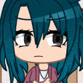 a close up of a cartoon character with blue hair and the letter u on her face