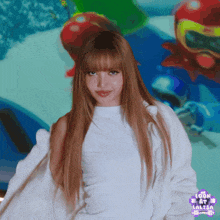 a woman in a white shirt with the words look at lalisa on the bottom
