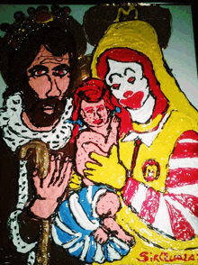 a painting of jesus and mary with mcdonald 's characters on it