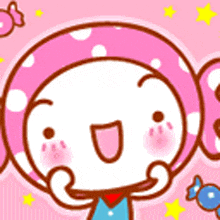 a cartoon character wearing a pink polka dot hat is smiling