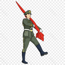 a cartoon of a soldier carrying a red flag