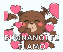 a teddy bear is surrounded by pink hearts and kissing .