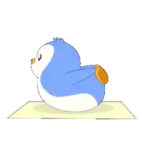 a cartoon of a penguin doing yoga on a mat