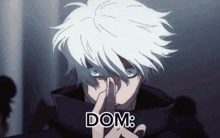 a man with white hair is holding his finger to his nose and the word dom is below him