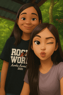 two girls are posing for a picture and one has a shirt that says rock work awake award 2021