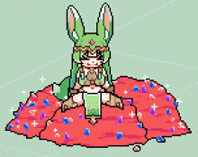 a pixel art drawing of a girl with a green hat and a red dress