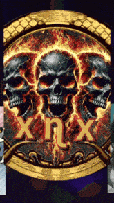 three flaming skulls with the word xnx in red