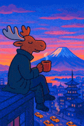 a moose is sitting on a roof drinking coffee