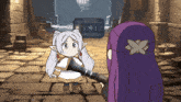 a cartoon drawing of a girl with purple hair holding a cannon