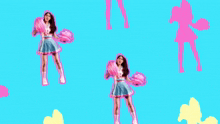 a cheerleader in a blue dress is surrounded by silhouettes of other cheerleaders
