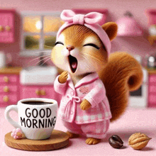 a squirrel in a pink robe is standing next to a cup of coffee that says good morning