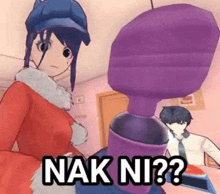 a cartoon girl is standing next to a purple object that says nak ni ?