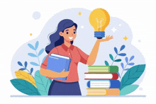 a woman is holding a light bulb in front of a stack of books .