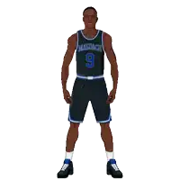 a basketball player with the number 9 on his jersey is pointing up