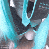 a woman with blue hair is kneeling down with the name luna lorraine on the bottom