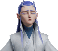 a cartoon character with blue hair and horns is wearing a white robe