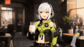 a girl in a green jacket is holding a glass of milk and says pixverse.ai