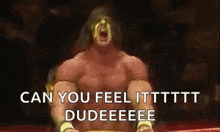 a shirtless wrestler is sitting in a ring with his mouth open and screaming .