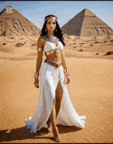 a woman in a white dress is standing in the middle of a desert in front of two pyramids .
