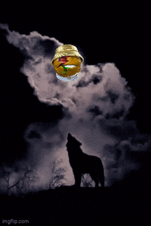 a wolf howling at the moon with a picture of a hamburger flying in the sky