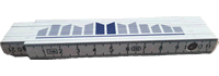 a white folding ruler with a blue stripe in the middle