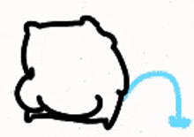 a black and white drawing of a cat with a blue arrow pointing down .