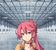 a girl with pink hair and brown eyes is standing in a warehouse