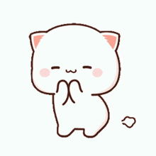 a cute cartoon cat is standing on its hind legs and covering its mouth with its hands .