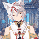 a cartoon character with white hair and red stripes on the ears