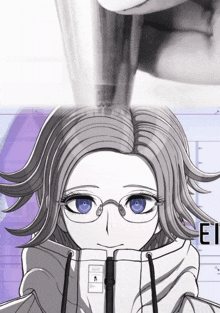 a black and white drawing of a girl wearing glasses and a jacket that says ei on it