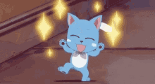 a blue cartoon cat is dancing in a hallway with glowing stars around it .