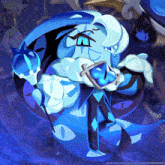a blue and white cartoon character with a sword and a shield