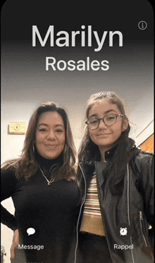 a phone screen shows two women standing next to each other and the name marilyn rosales on the top