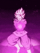 a cartoon character in a pink outfit is holding a purple object in his hands .