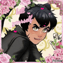 a picture of a boy with a cat ear and the words kill yourself above him