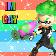 a cartoon character with green hair is holding a water gun and says i 'm gay in the background