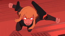 a cartoon character with red eyes and a black jacket
