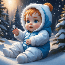 a baby is sitting in the snow holding a snowflake in her hand
